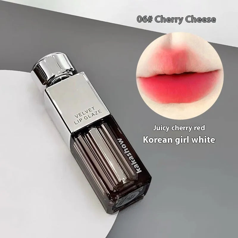 Kakashow lock colour velvet lip paint in matte finish showing six shade options including cream smoked apricot and cherry fromage