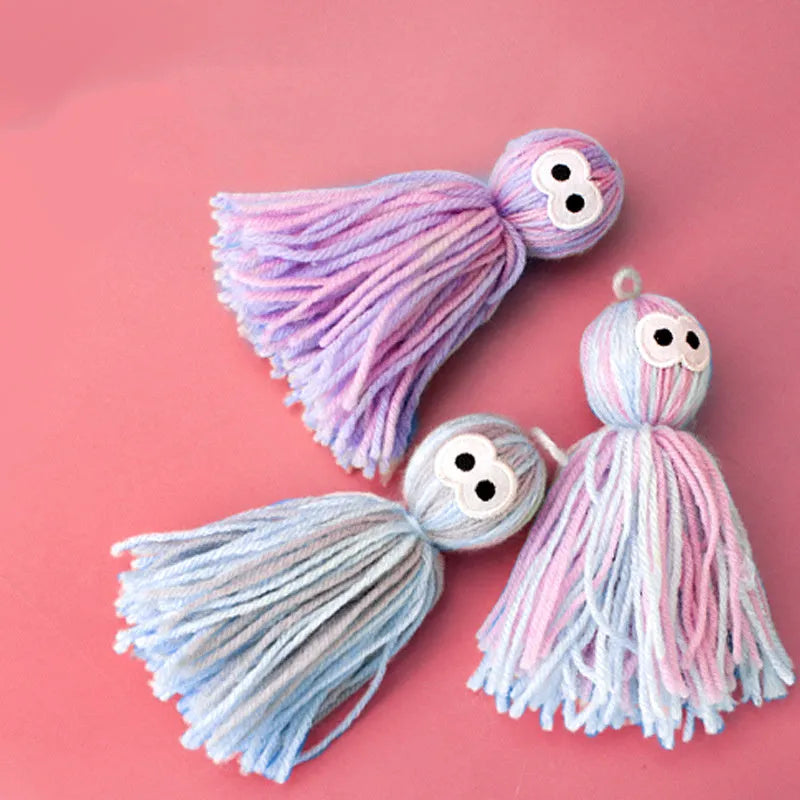 Hanging wool ball cat toy with teaser stick accessory in blue gray, pink blue, or pink purple colours