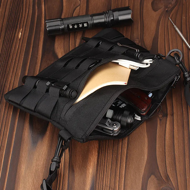 Black Oxford cloth outdoor waist bag showing compact 18 by 3.5 cm size.