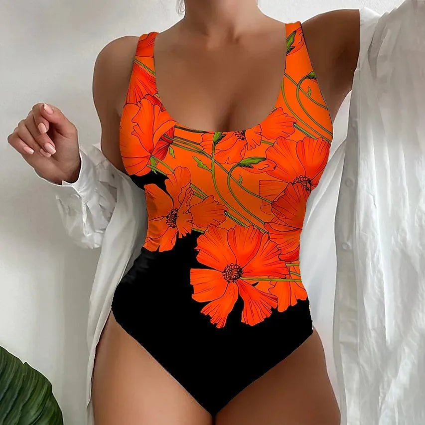 Women's tight fit one-piece swimsuit with 3D printed pattern in orange red, sky blue or purple with Lycra lining