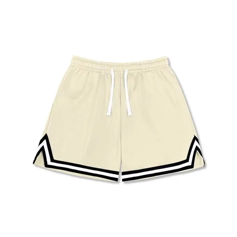 Men's loose sport shorts in polyester fabric available in nine colours including black, white, apricot, and blue shades
