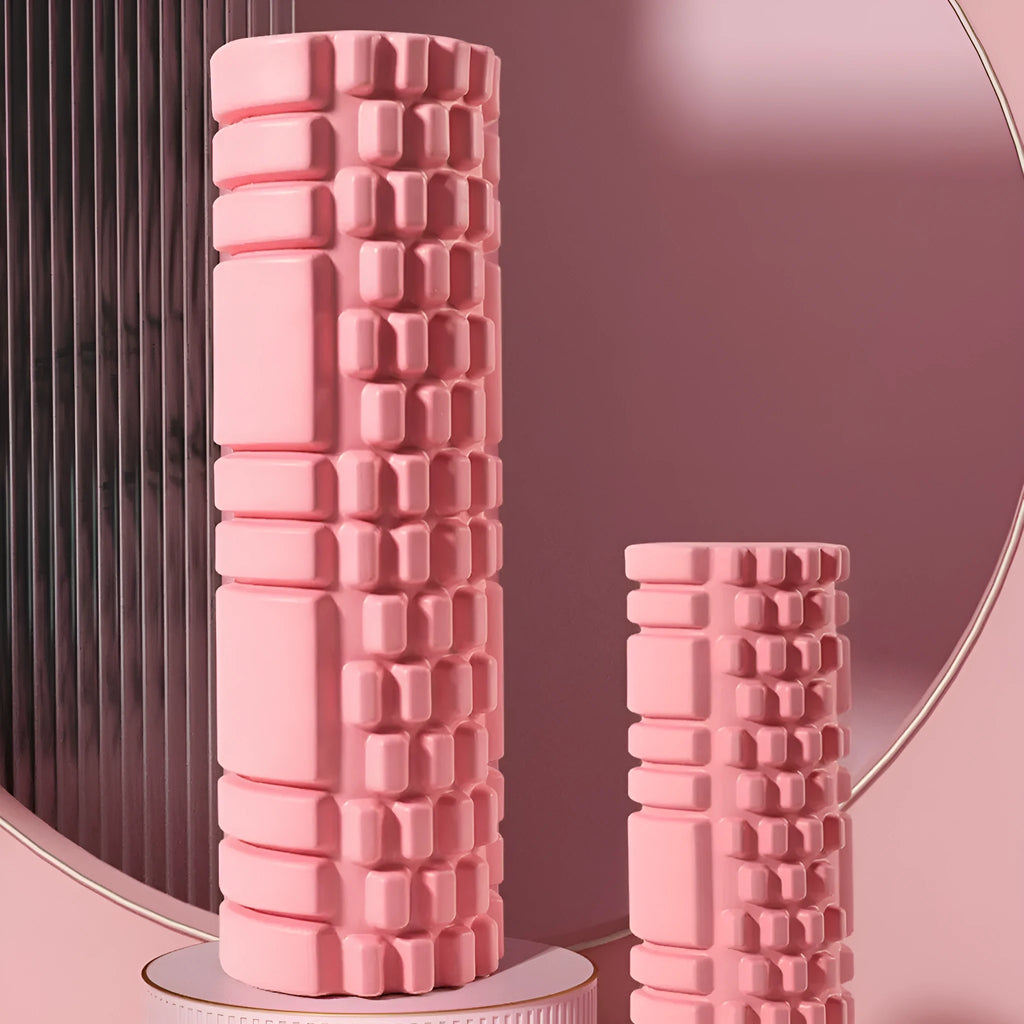 Black cylindrical EVA foam roller for fitness muscle recovery on a plain background.