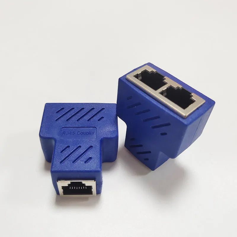 RJ45 network cable splitter adapter in multiple colours, showing one input and two output ports.