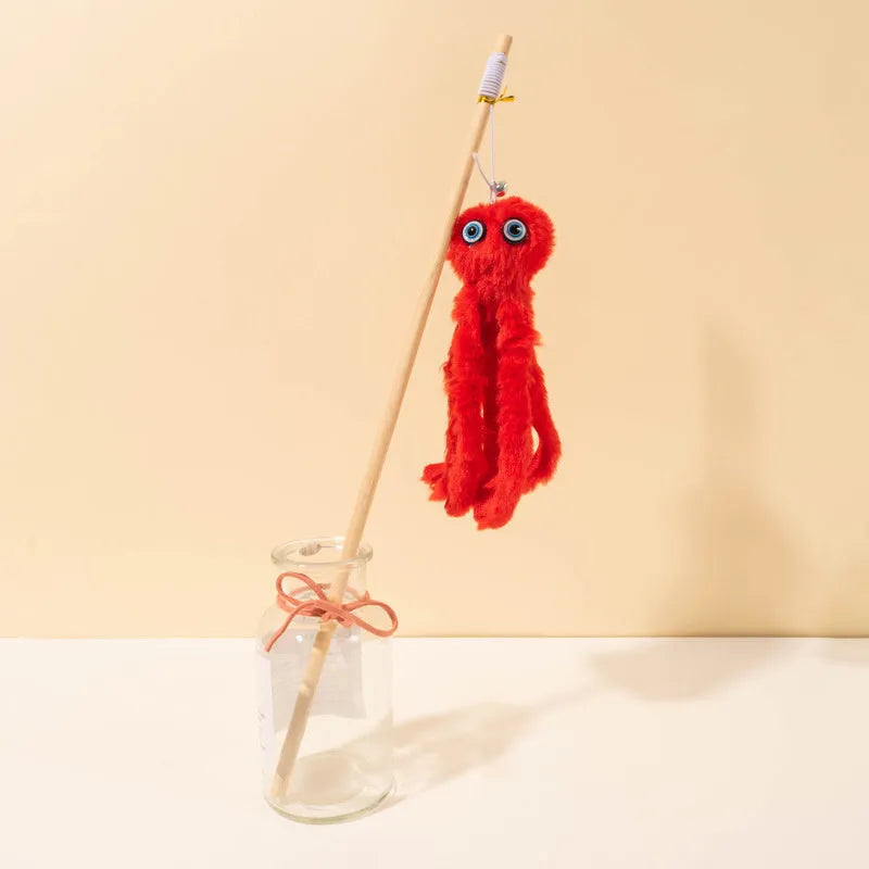 Octopus design cat toy with long stick wand for indoor kitten play in multiple colour options