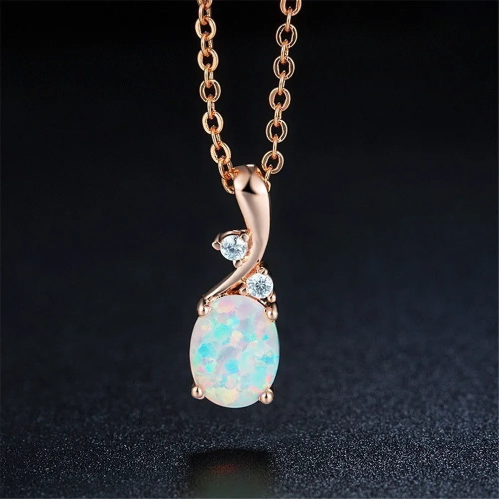 Water drop opal pendant necklace on adjustable O-chain in rose gold or white finish