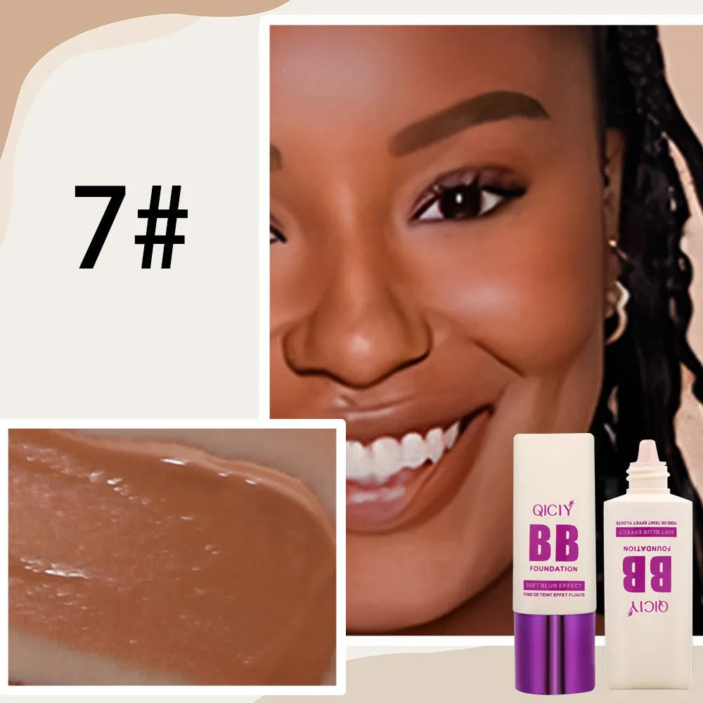 Feeding bottle design BB cream liquid foundation with brightening repair, showing 10 shade options.