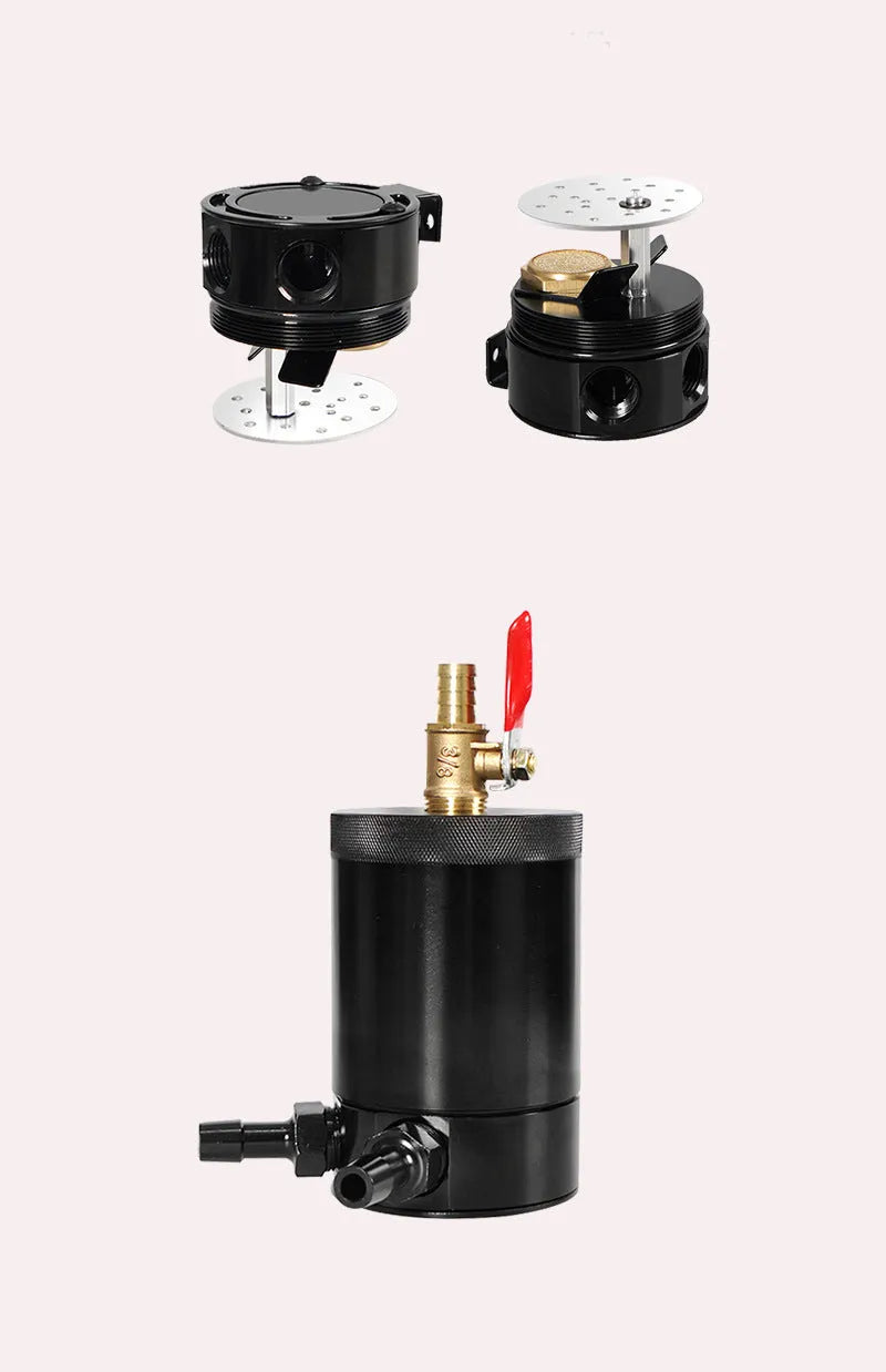 Black aluminium automotive oil pot with two-hole breathable design and connectors