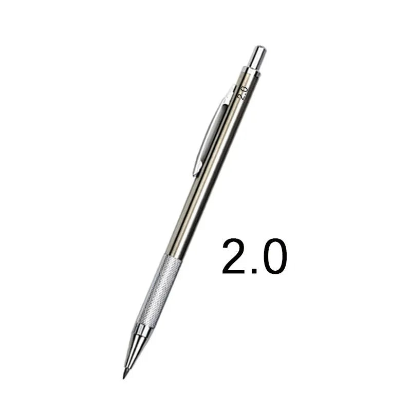 Metal mechanical pencil with automatic feed mechanism and choice of five lead sizes