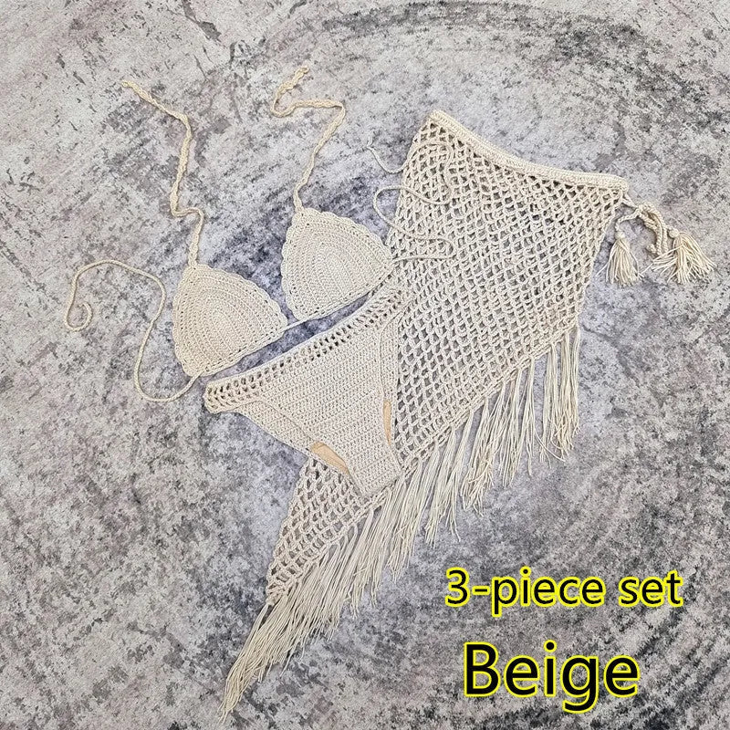 Women's handmade crochet bikini and matching beach skirt swimsuit set in acrylic fabric
