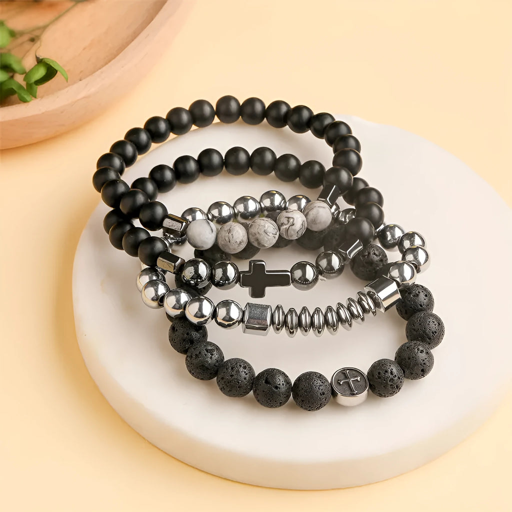 Geometric agate bracelet with 19mm volcanic stone in stainless steel setting