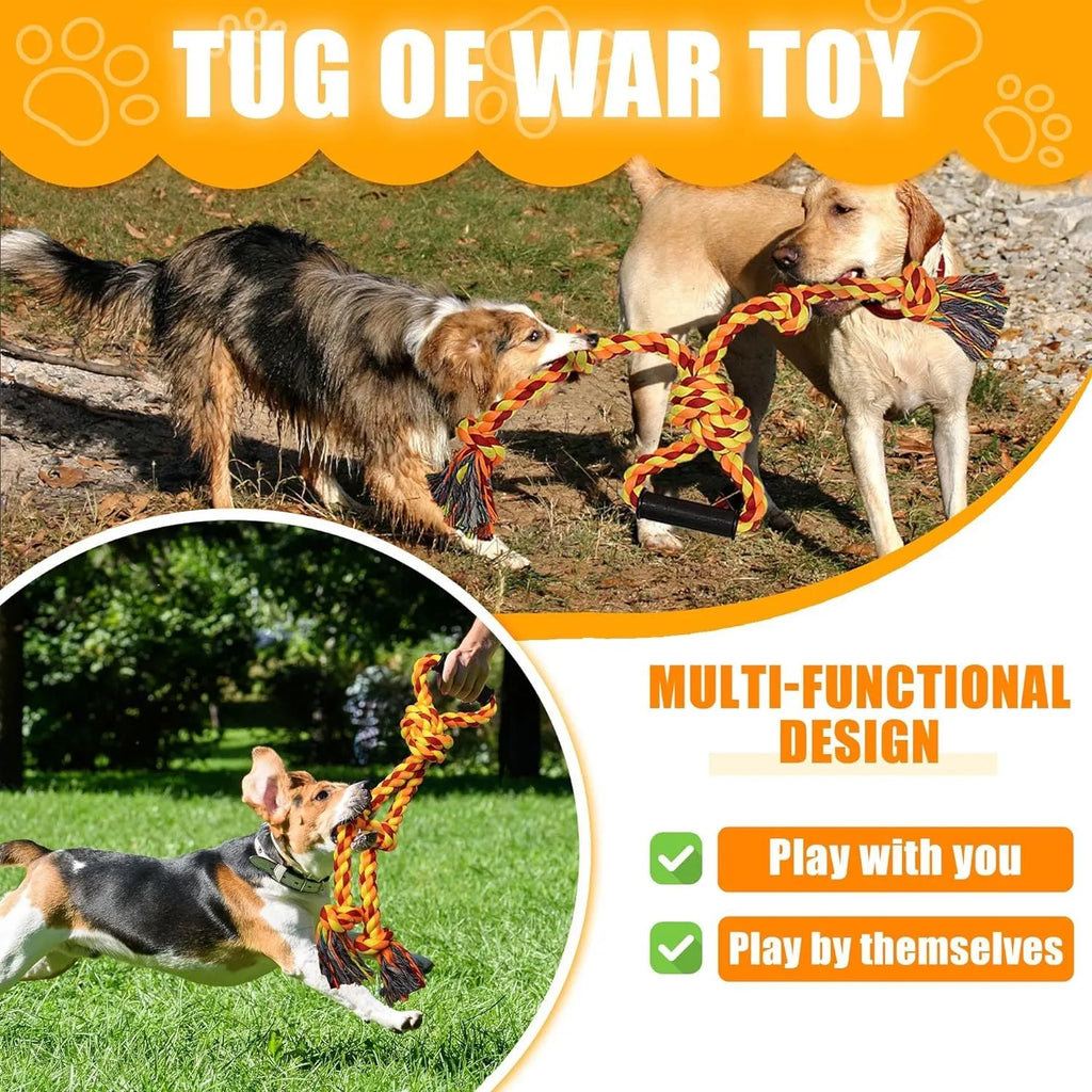Blue and yellow extra large cotton rope dog tug toy with non-slip handle for aggressive chewers
