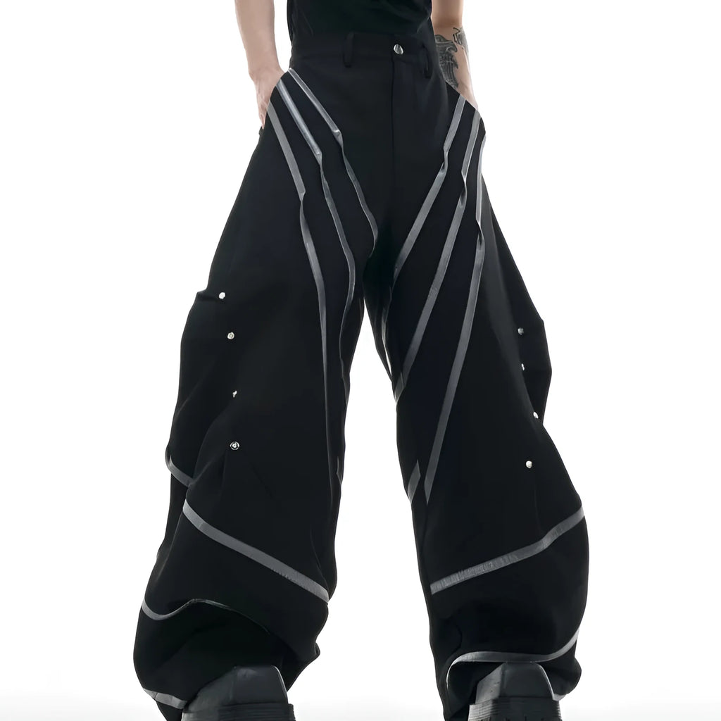 Men's trousers with three-dimensional cutting and metal striped rivet pleats in polyester fabric