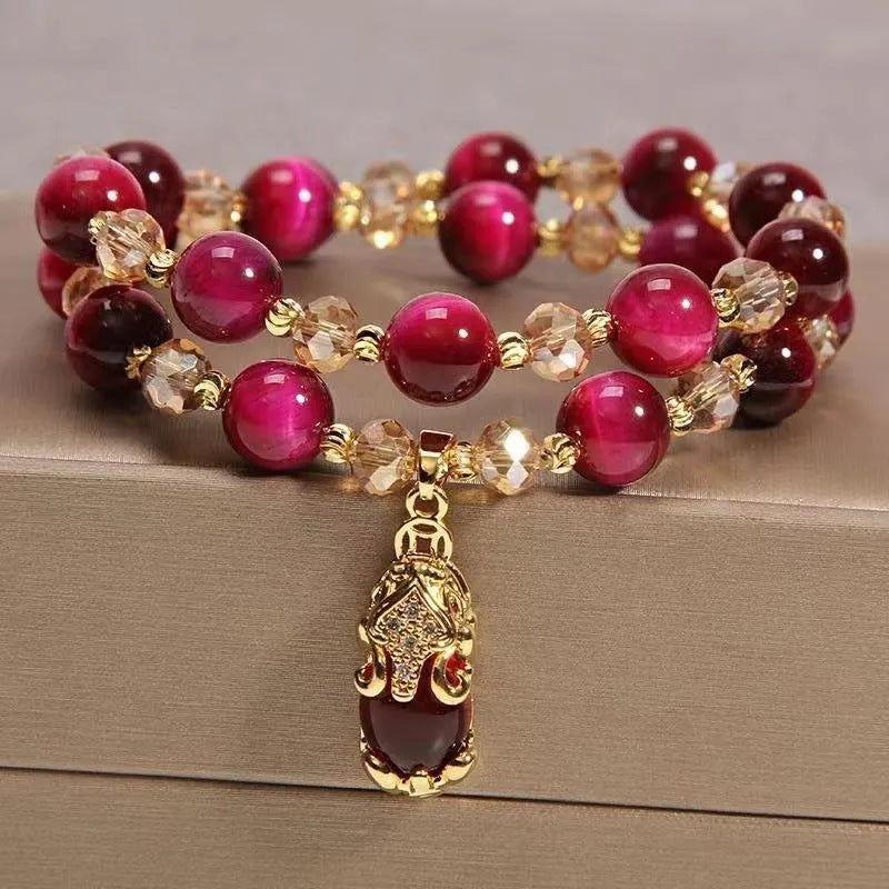Handmade tigereye stone bracelet with leather or fox pendant in single or double chain style