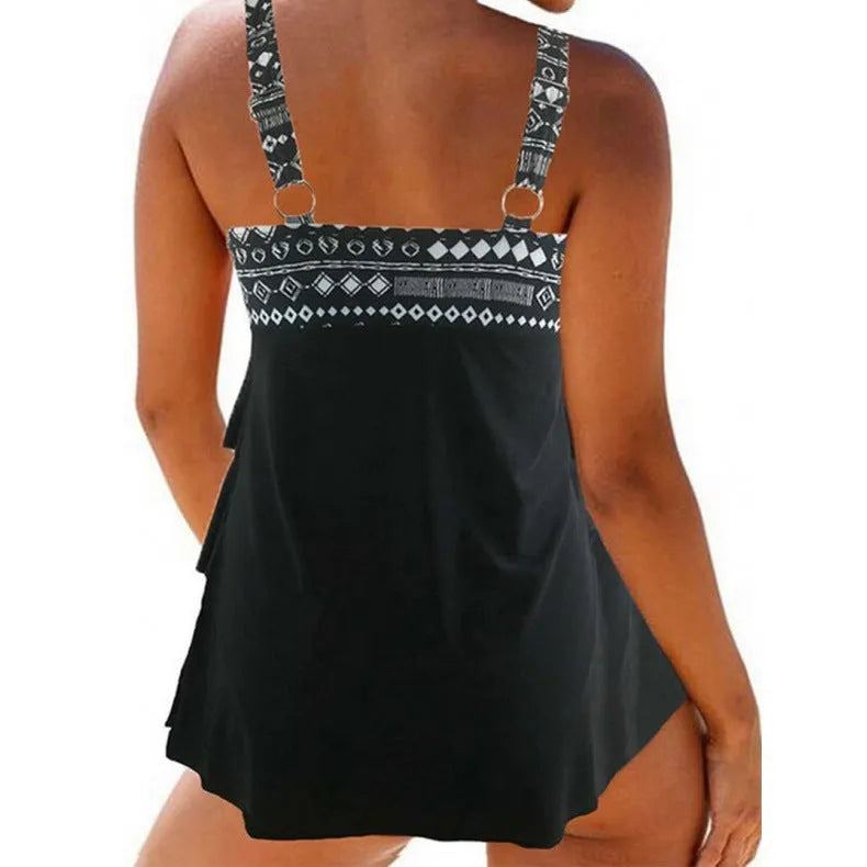 Plus-sized split swimsuit with double-shoulder straps and bow detail in picture color polyester fabric