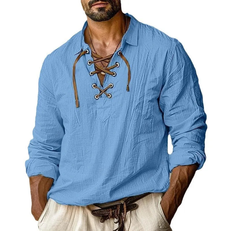 Men's plus size loose fit linen shirt in blue with long sleeves and pullover design