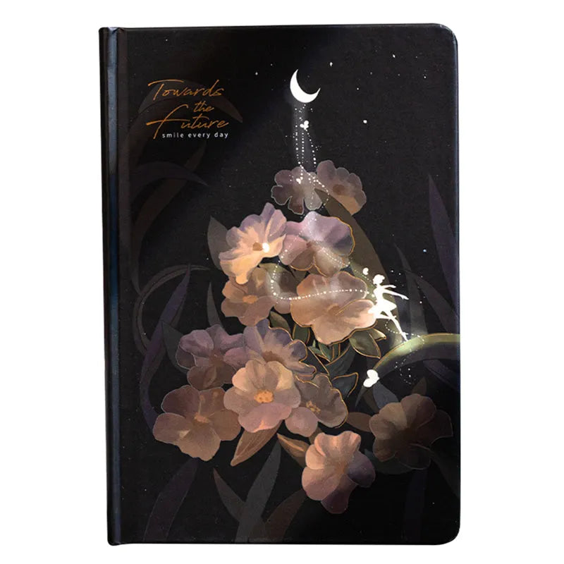 A5 notebook with a luminous cover in one of four colours, open to show pages with colour illustrations