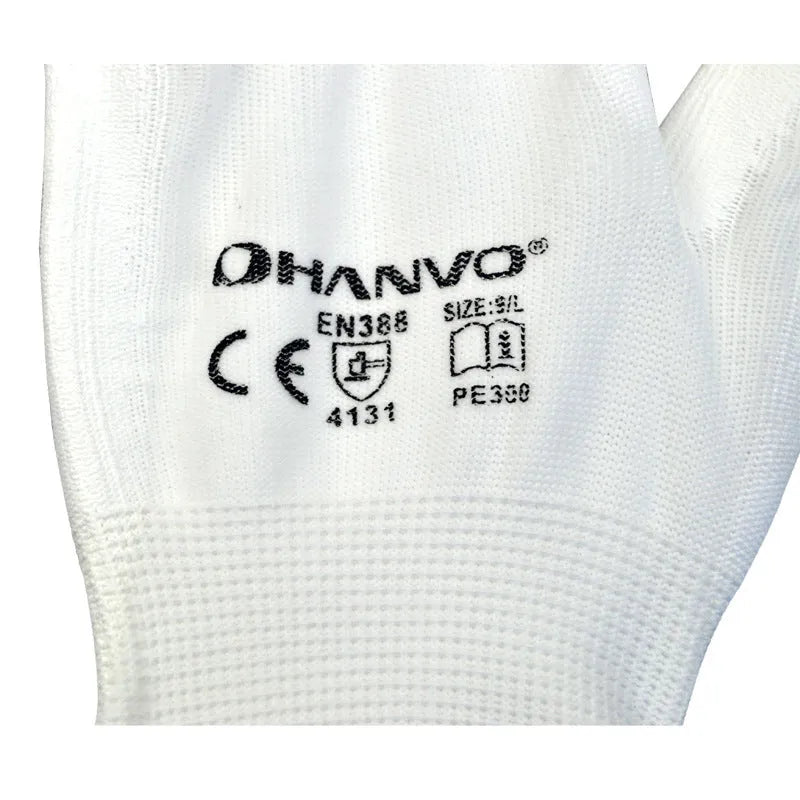 White PU coated labour gloves showing L and M size options with 24cm length measurement