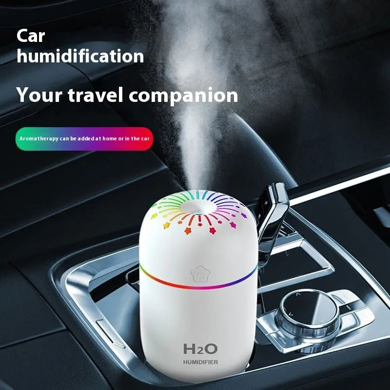 Mini USB humidifier with fireworks design in white pink and green colors for car and desk use