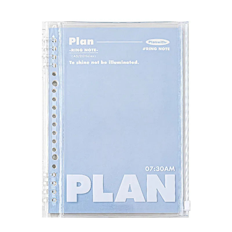 A5 PVC notebook organiser in blue colour showing transparent cover with loose papers inside