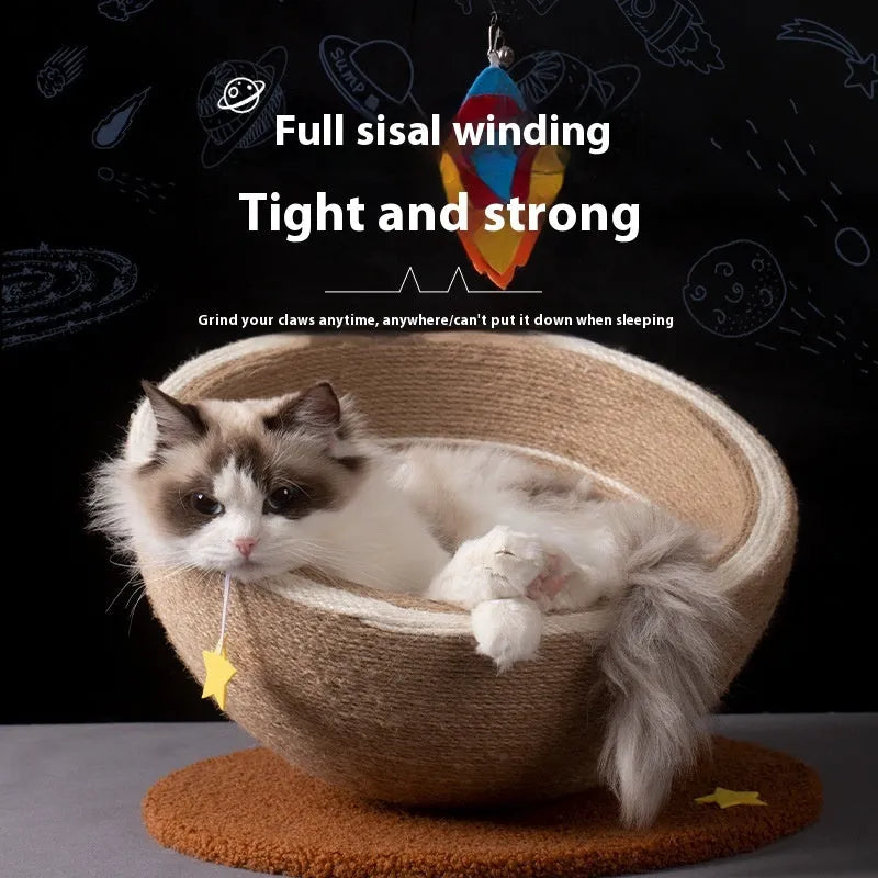Large integrated cat scratching basin and nest with sisal rope surface and flannel-lined bed area in starlight colour