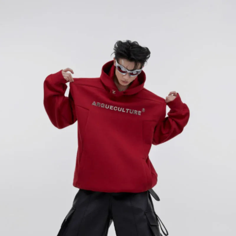 Men's loose-fit hooded sweater with heavy shoulder pads and metallic 3D printing design in red