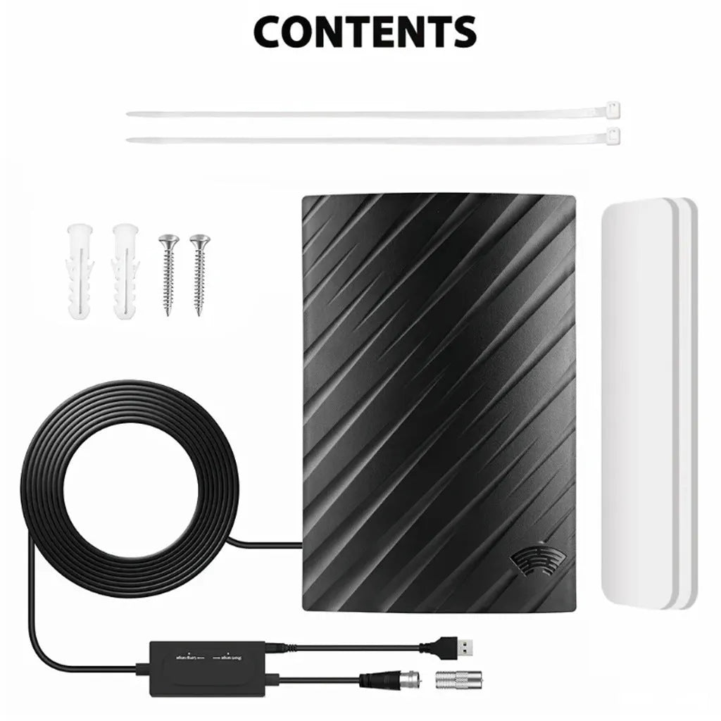 Black digital TV antenna with mounting hardware including expansion tubes, screws, cable ties and adhesive tape