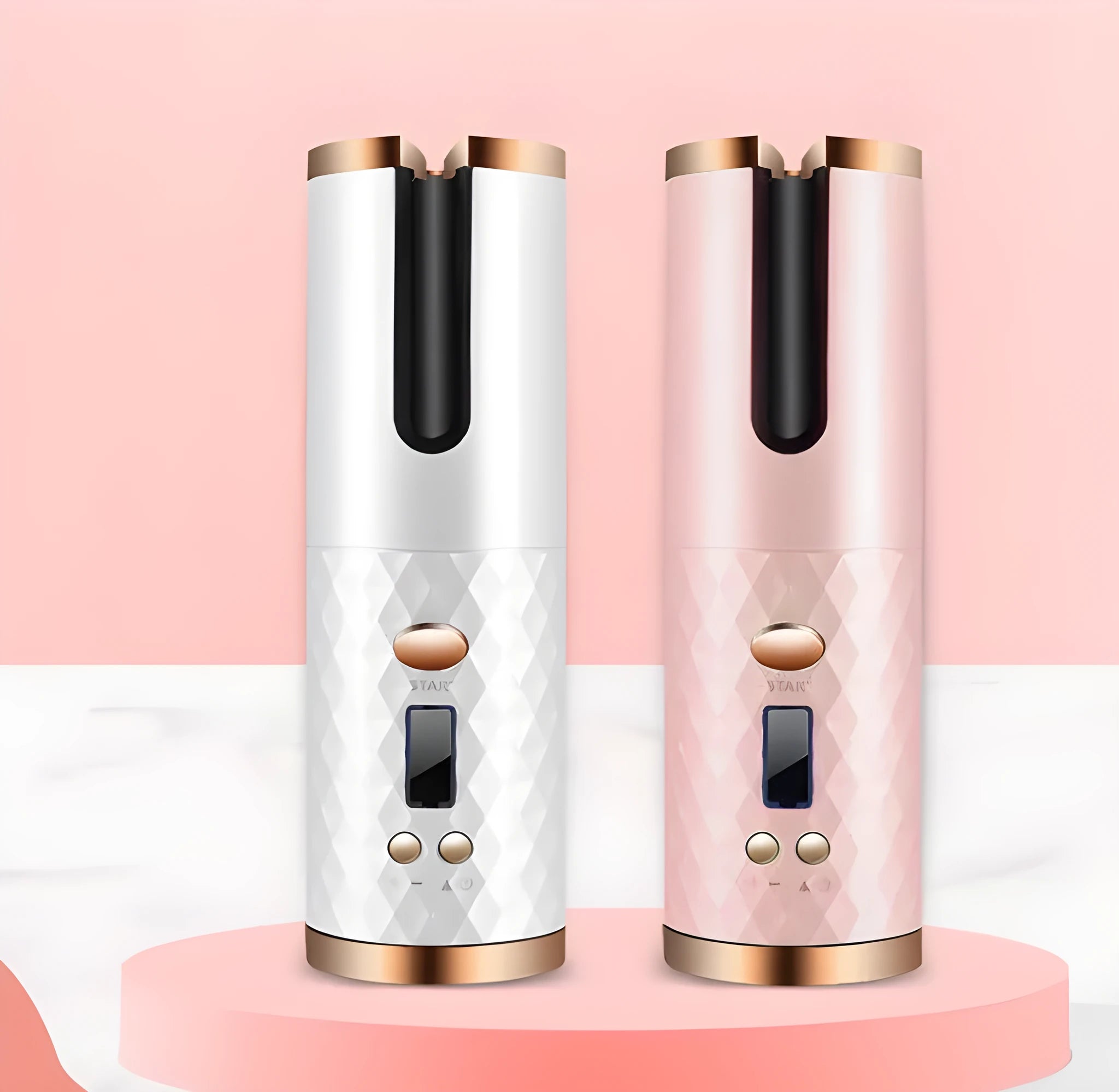 White USB curling iron with gold ceramic barrel and temperature control display