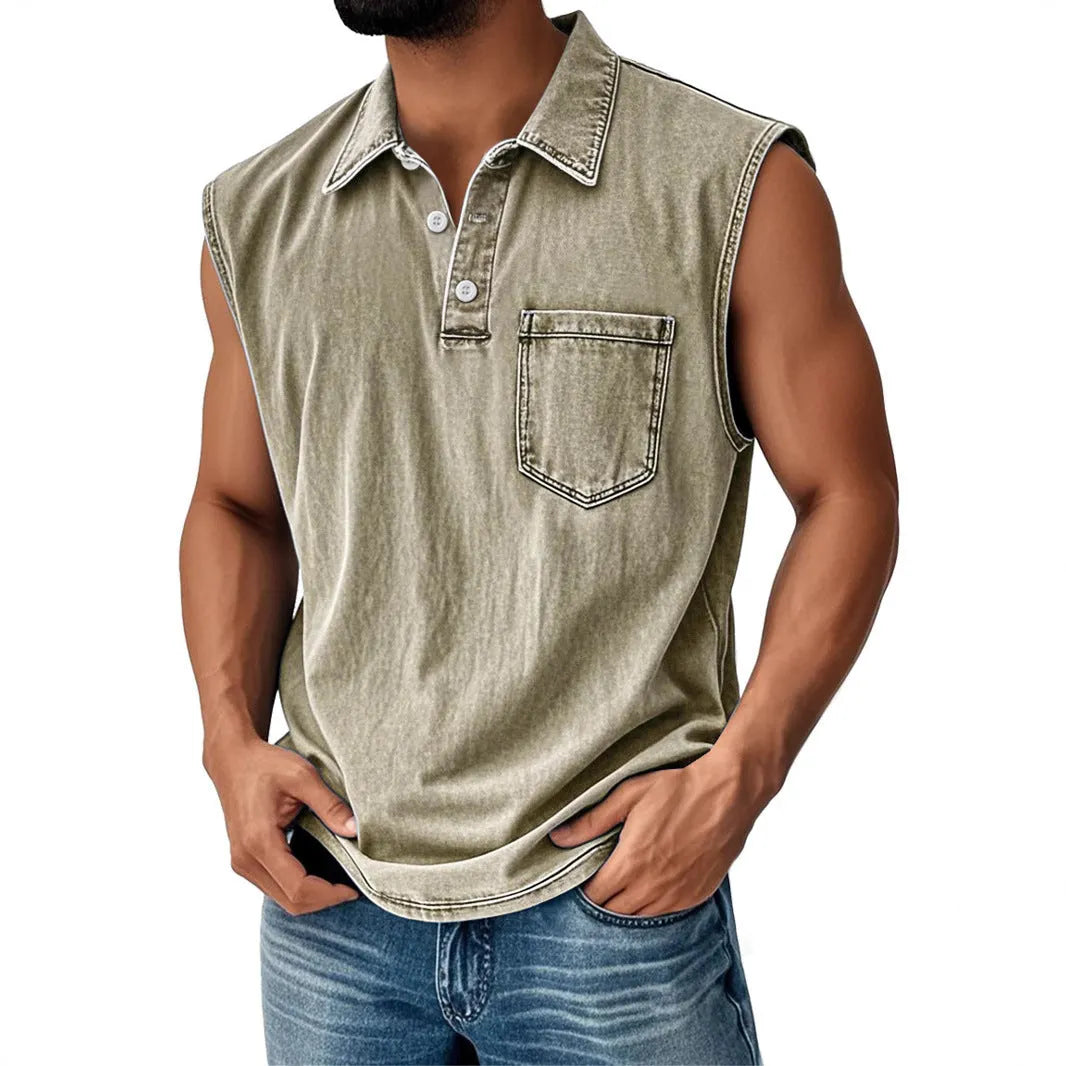Man wearing 3D digitally printed loose fit polo shirt with button front and short sleeves