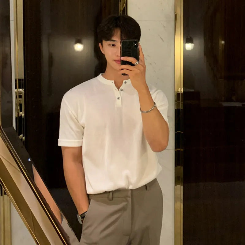 Men's black slim-fit short-sleeved ice silk knitted shirt on a hanger.
