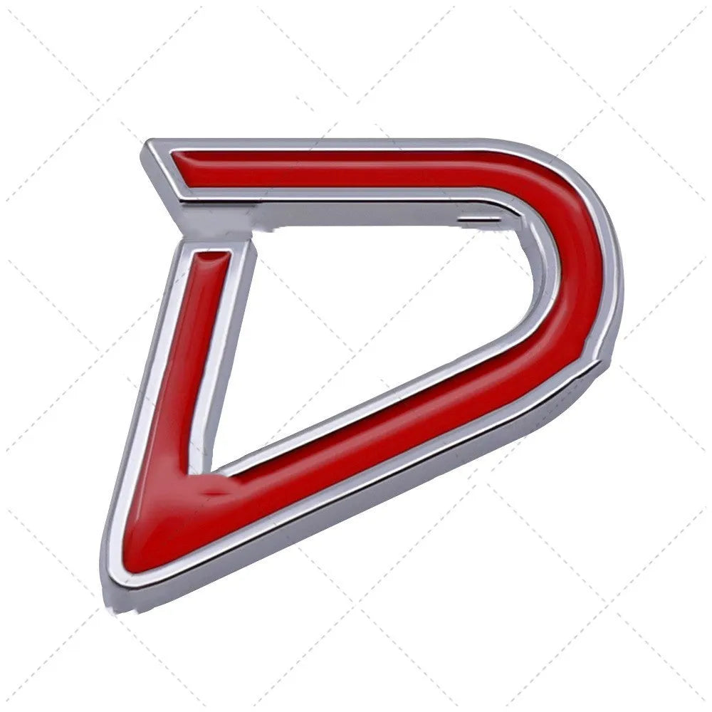 Metal decorative car sticker in SD design with red and silver colouring measuring 7.7cm by 2.9cm