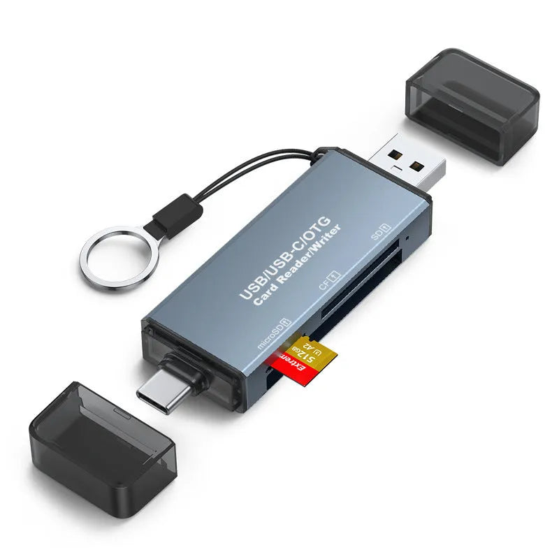 CF SD TF three-in-one card reader with aluminium alloy construction measuring 9.2 cm