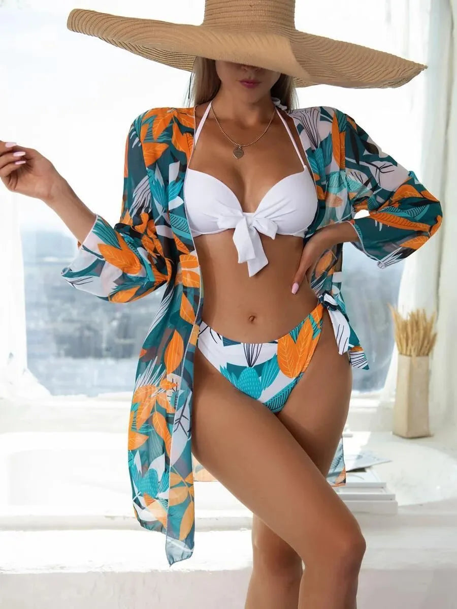 Women's three-piece mesh split bikini swimsuit in polyester fabric