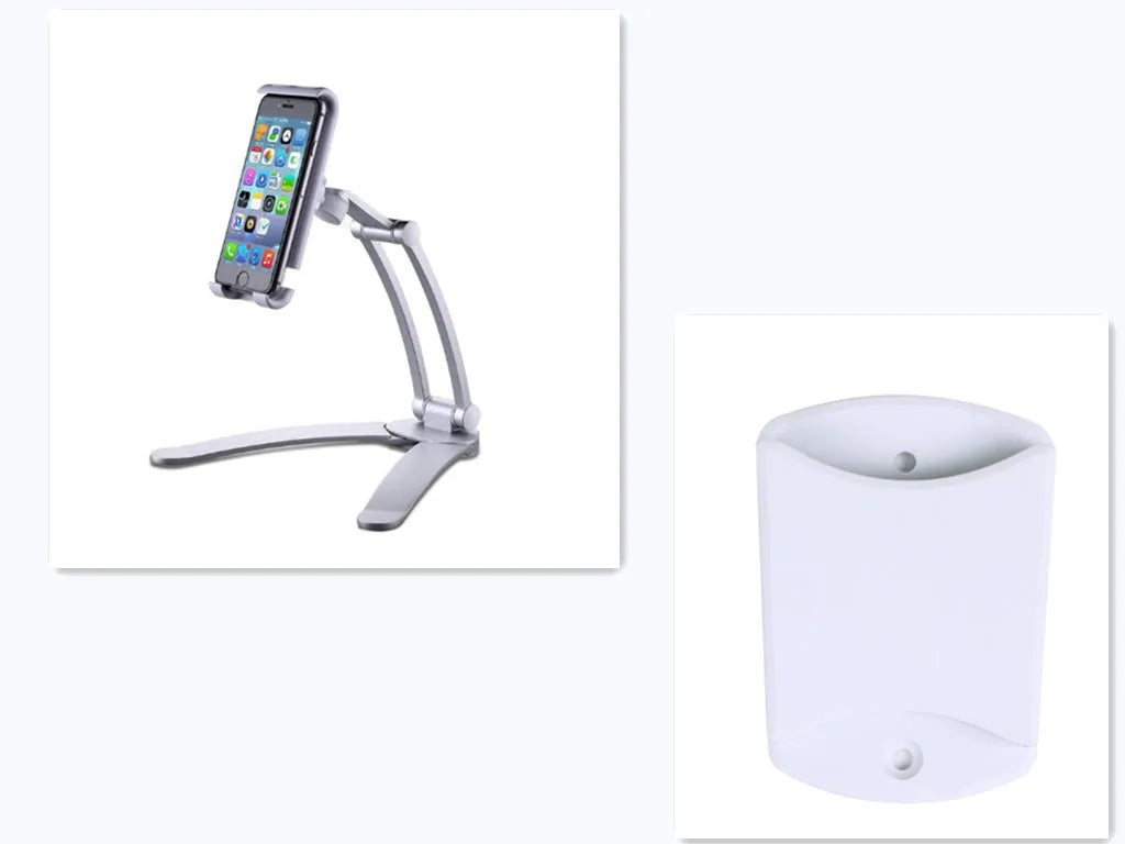 Silver aluminium alloy desktop tablet stand holding a tablet, showing 360-degree rotation adjustment.