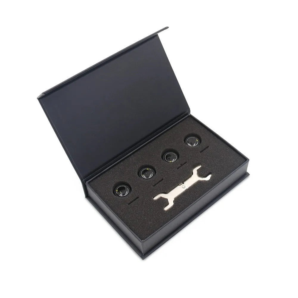 Bluetooth 5.0 automotive tyre pressure monitor kit with four external sensors, wrench, and anti-theft screws