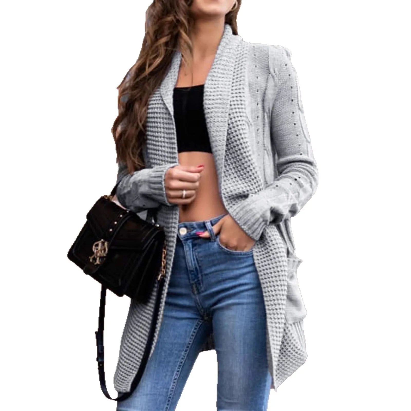 Grey women's loose fit cardigan coat with pockets, made from thick viscose fibre fabric.