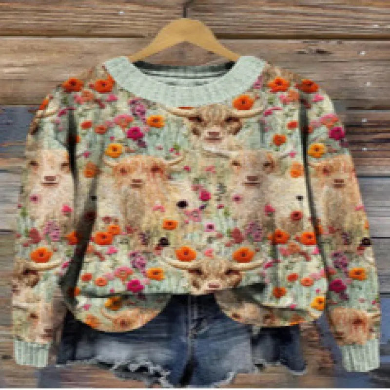 Women's round neck sweater featuring a digital printed little flower pattern in various colours.