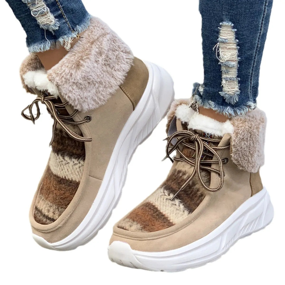Women's lace-up snow boots with suede upper, plush lining, and platform sole