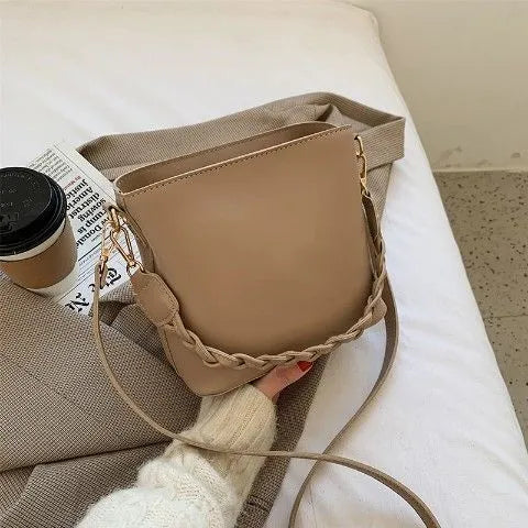 Retro woven texture PU leather crossbody bucket bag in khaki colour with underarm positioning