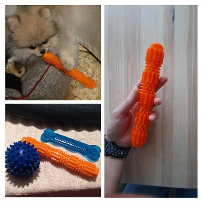 Green and orange durable rubber dog chew toy with textured surface for aggressive chewers.