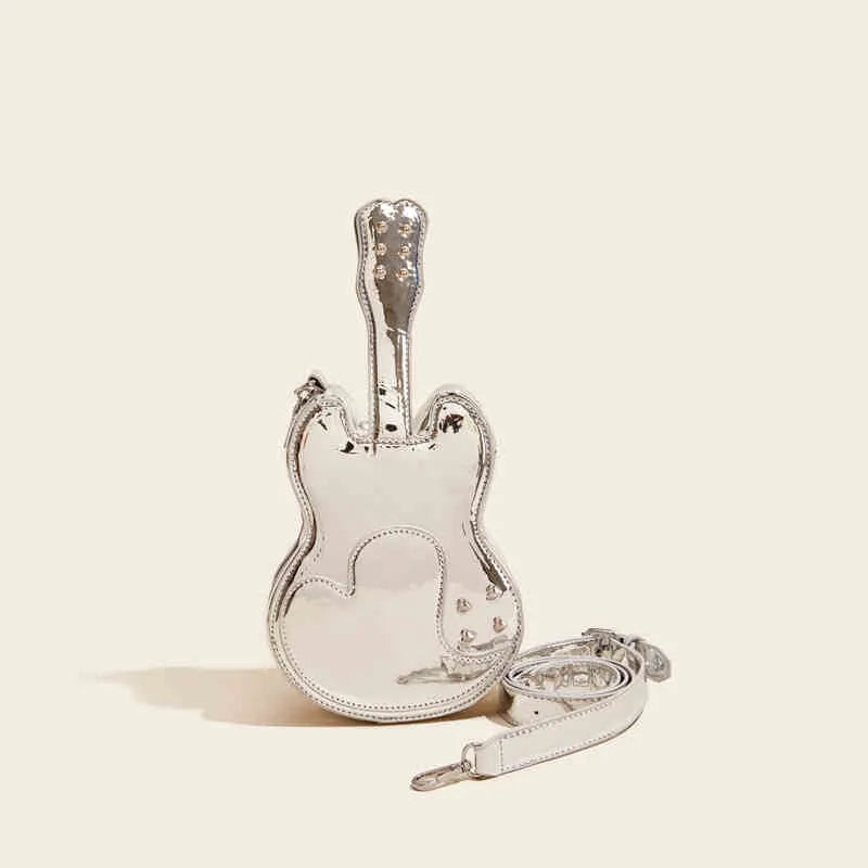 Guitar-shaped black crossbody shoulder bag made from PU leather
