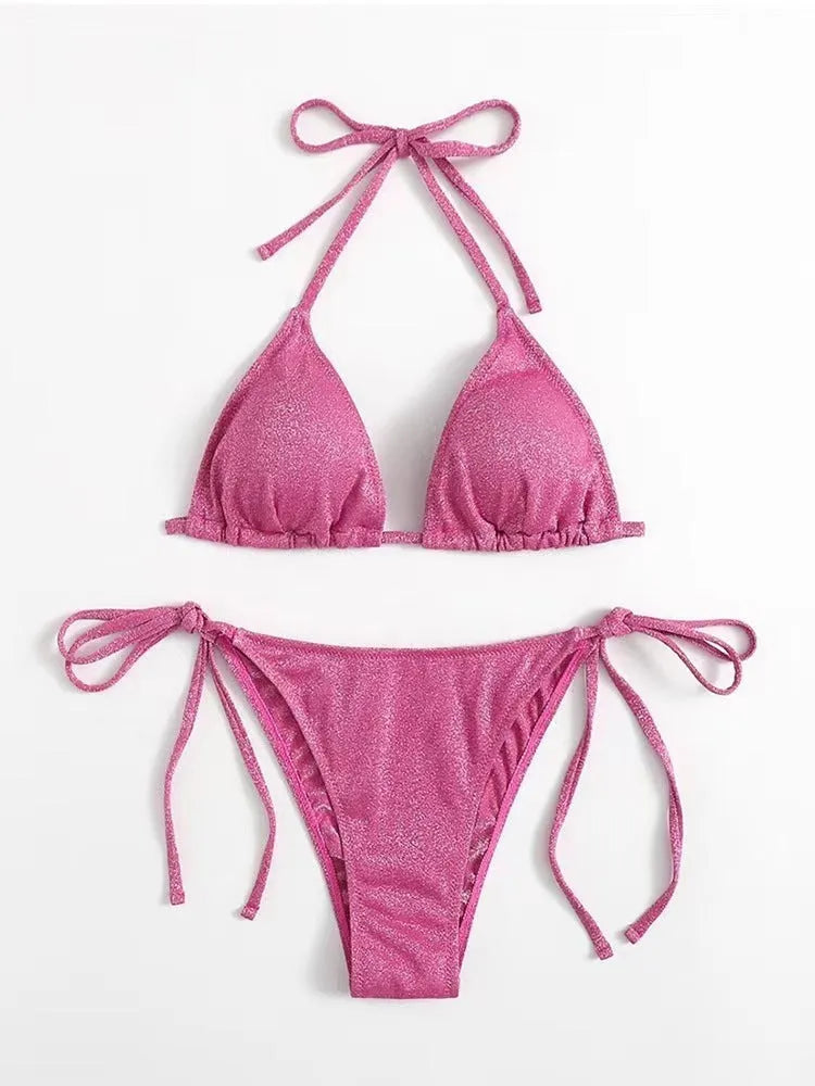 Women's split bandage style bikini swimsuit in polyester fabric with briefs bottom