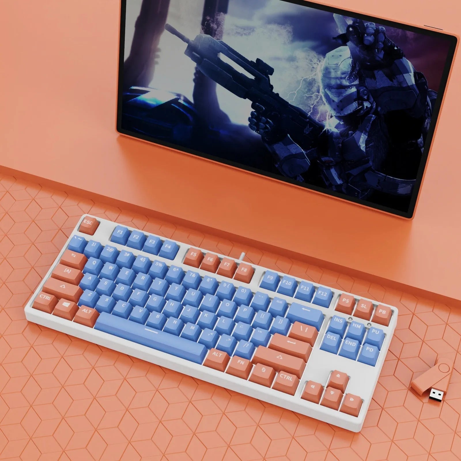 87-key wired mechanical keyboard with hot-swappable sockets showing colour options and included accessories