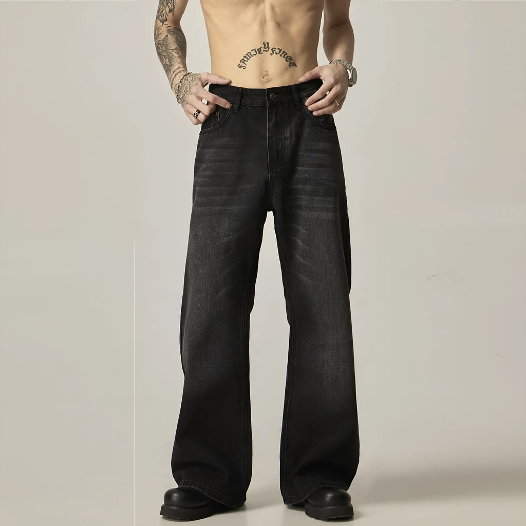 Black American retro straight-leg jeans with loose fit and zipper fly closure