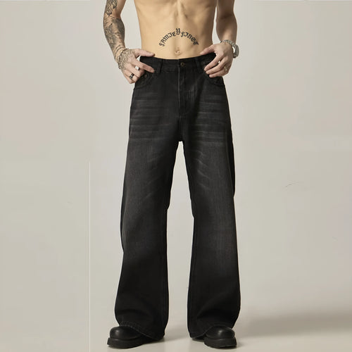 Black American retro straight-leg jeans with loose fit and zipper fly closure