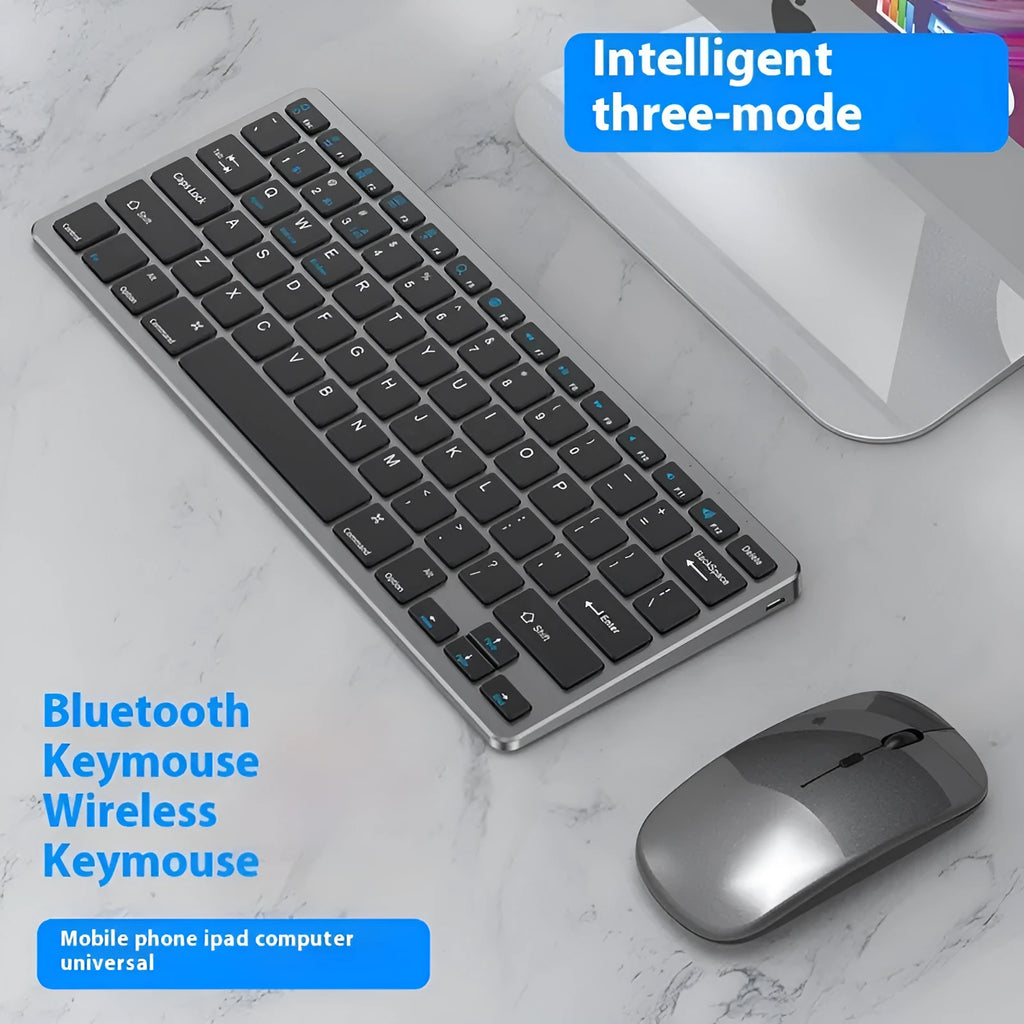 Ultra-thin wireless keyboard and mouse set with Bluetooth and 2.4G connectivity in black silver or gun colour finish