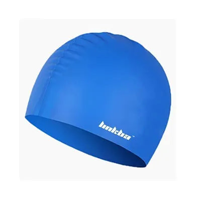Silicone swimming cap with earmuff design and printed letters in multiple colour options