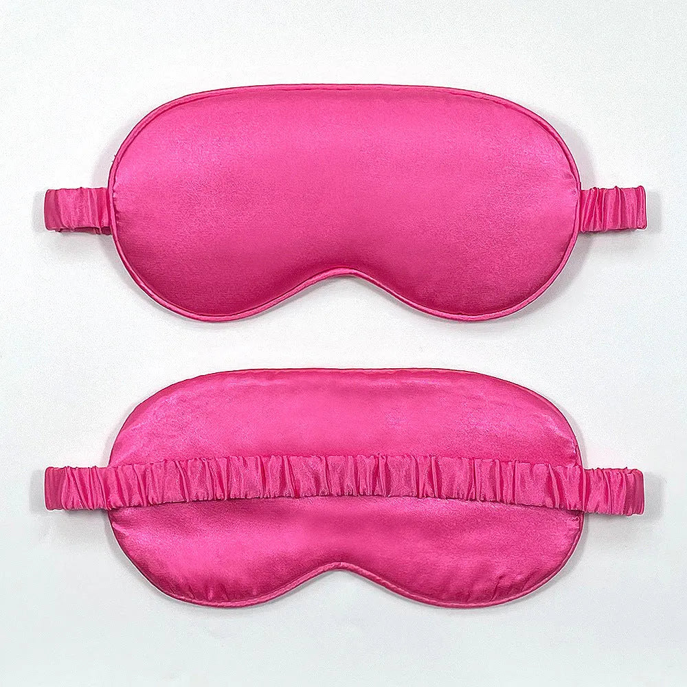 Double-sided Rayon elastic satin sleep mask shown in multiple colour options including sky blue, black, wine red, and light pink.