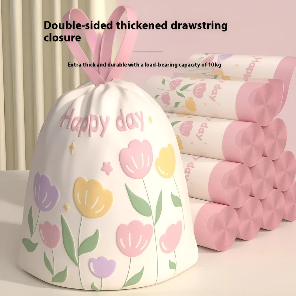 Pink degradable argy wormwood mosquito repellent garbage bag with drawstring, size 44cm by 48cm.