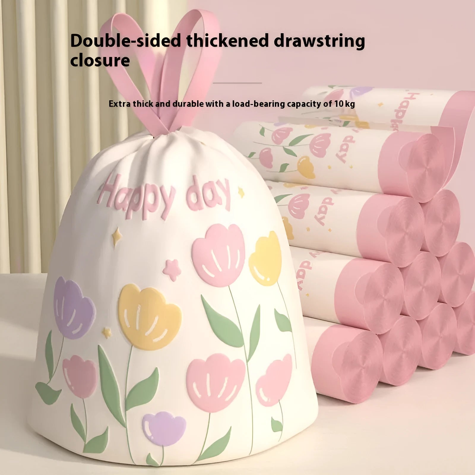 Pink degradable argy wormwood mosquito repellent garbage bag with drawstring, size 44cm by 48cm.