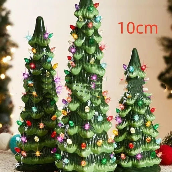 European-style Christmas tree ornament with lights, shown in different sizes for home or courtyard.